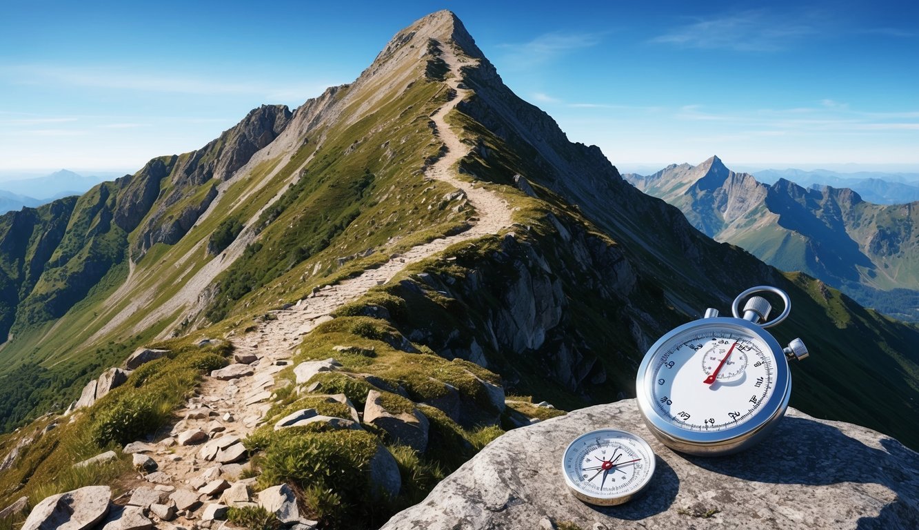 A rugged mountain peak with a winding trail, surrounded by lush greenery and a clear blue sky, with a stopwatch and compass placed on a rock