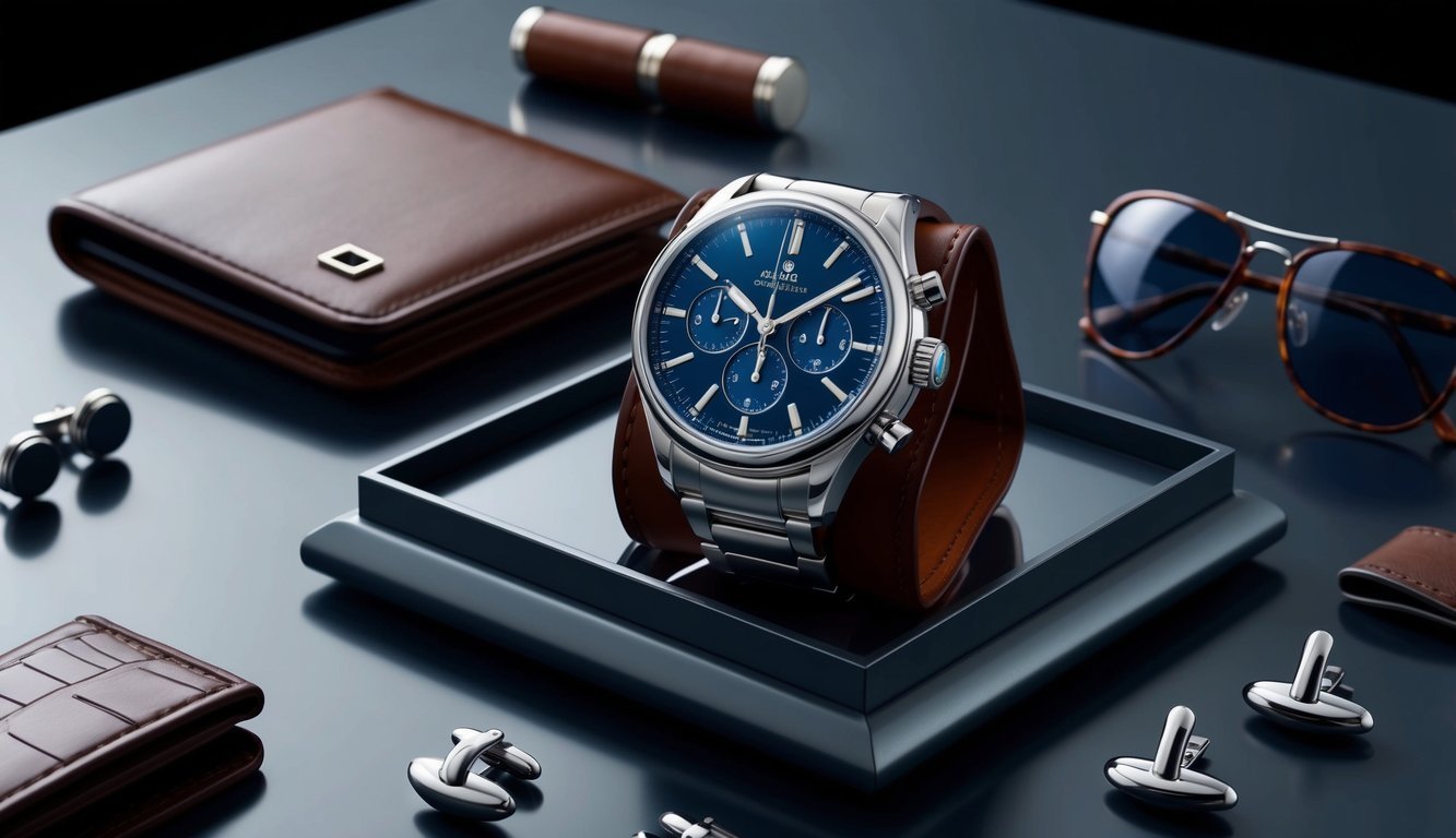 A stylish watch displayed on a sleek surface, surrounded by accessories like cufflinks, sunglasses, and a leather wallet