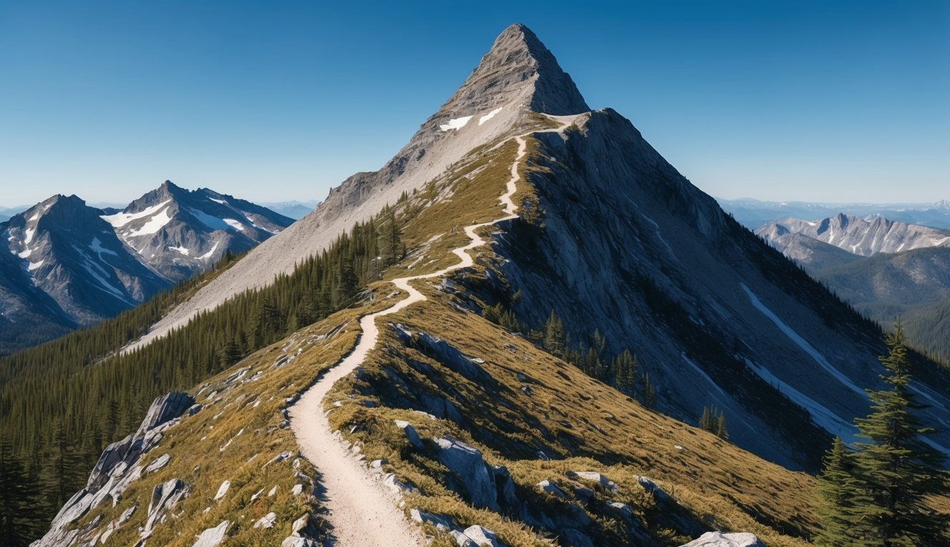 A rugged mountain peak with a winding trail, surrounded by dense forest and a clear blue sky