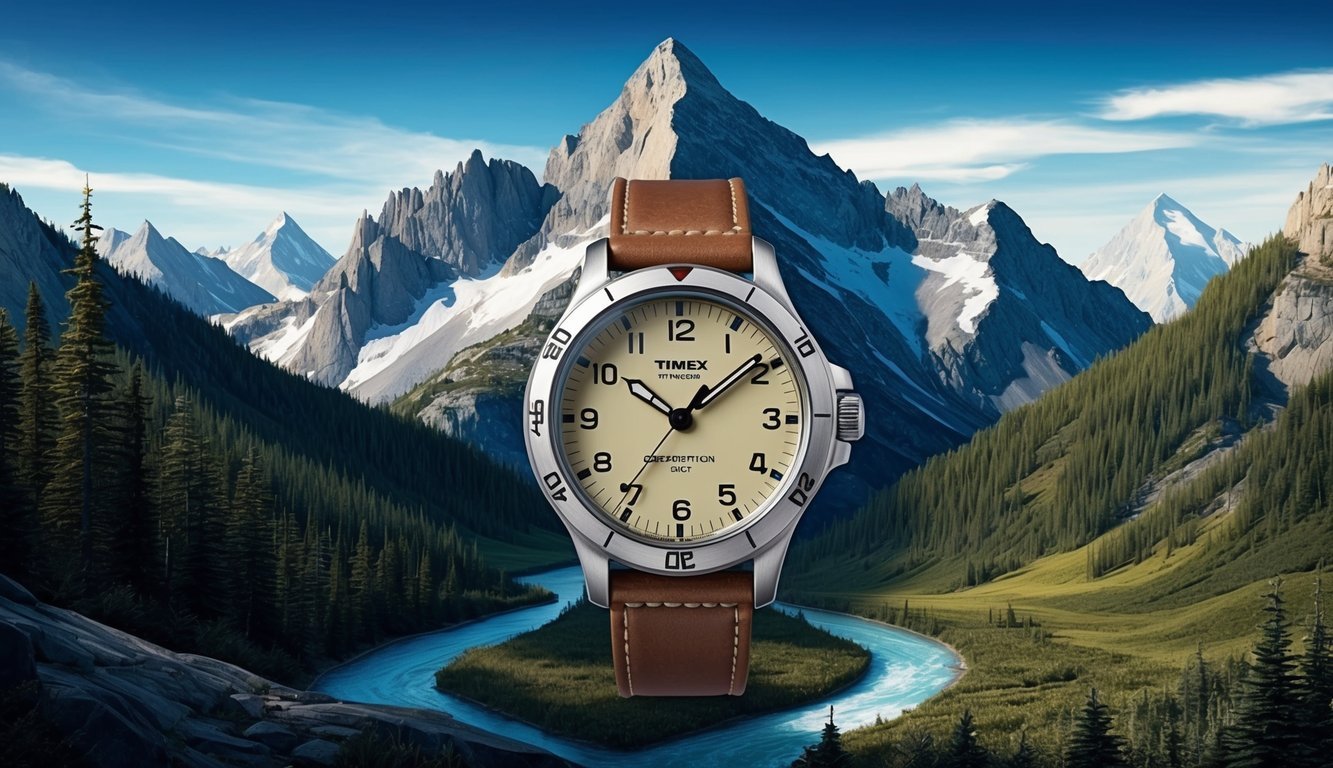 A rugged mountain peak with a clear blue sky, surrounded by dense forest and a winding river, with the Timex Expedition Scout watch prominently displayed