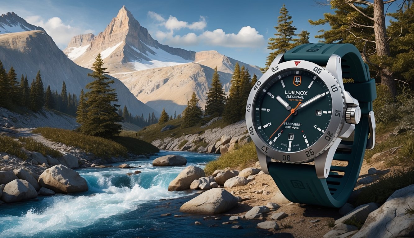 A rugged, outdoor setting with mountains, trees, and a rushing river, with a Luminox Bear Grylls Survival watch prominently displayed