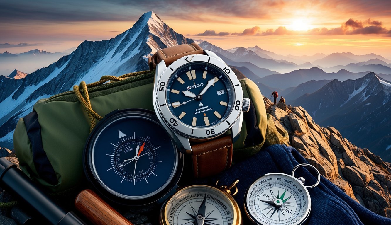 A rugged Seiko Prospex Fieldmaster watch atop a mountain peak at sunrise, surrounded by hiking gear and a compass