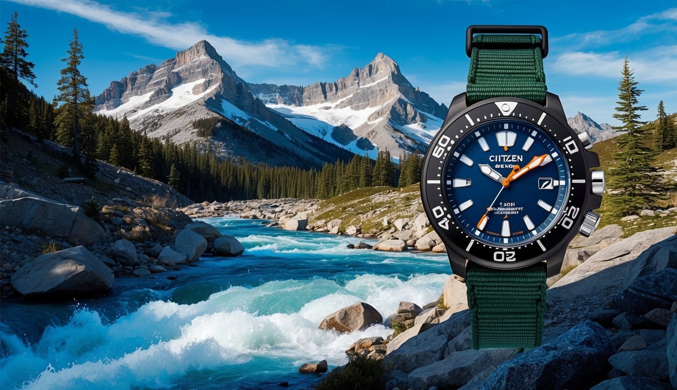 A rugged mountain landscape with a rushing river, towering trees, and a clear blue sky, showcasing the durability and reliability of Citizen Promaster Tough watches