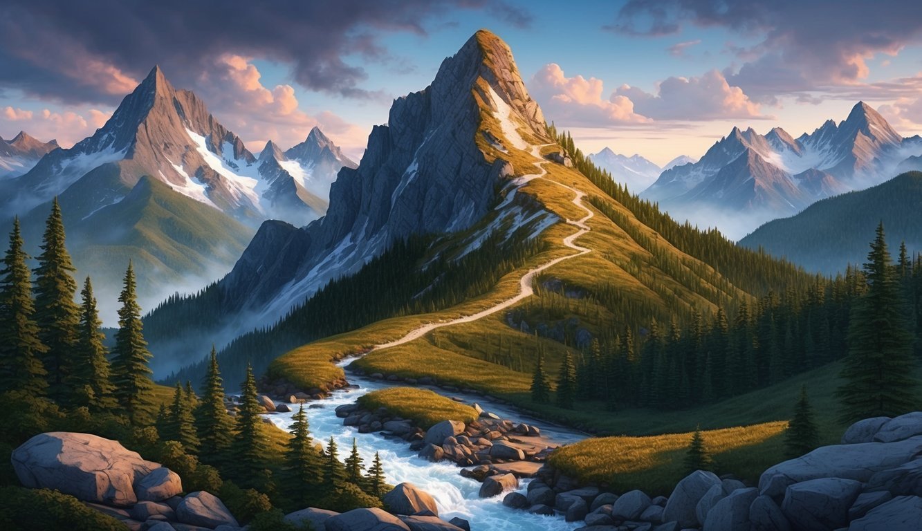 A rugged mountain peak with a winding trail, surrounded by dense forest and a rushing river