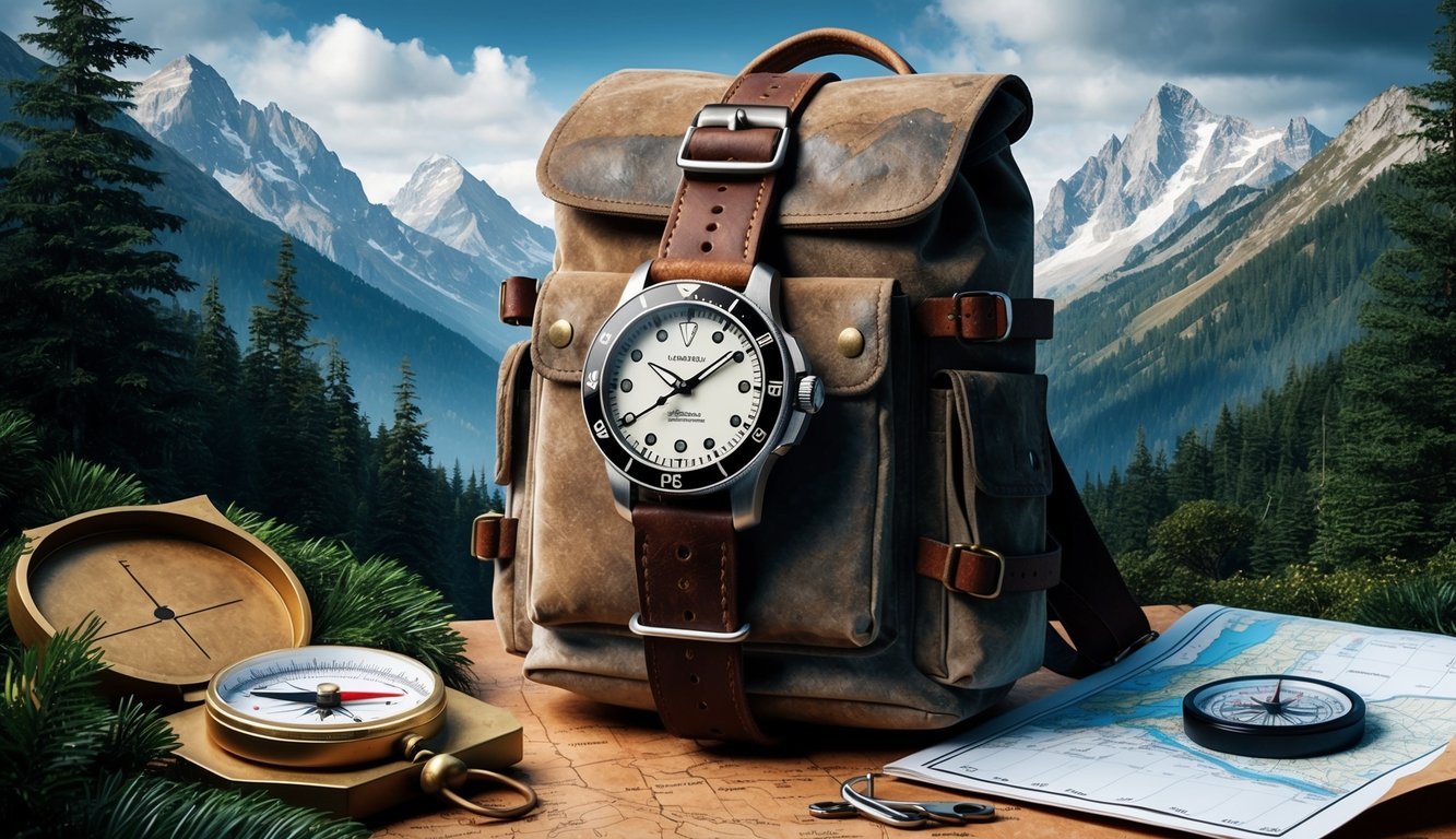 A rugged timepiece strapped to a weathered backpack, surrounded by mountains and dense forest, with a compass and map nearby