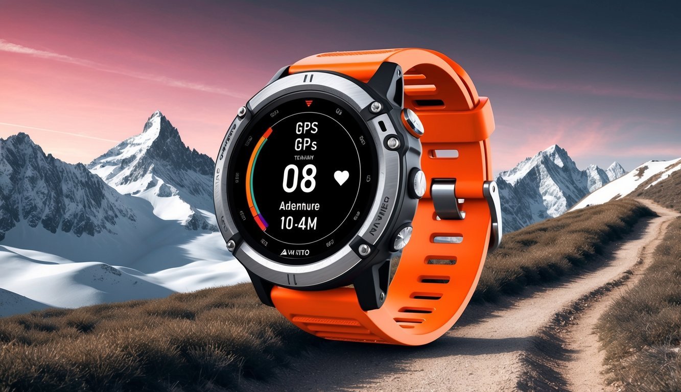 A rugged adventure watch with GPS tracking and heart rate monitor, set against a backdrop of mountain peaks and a winding trail