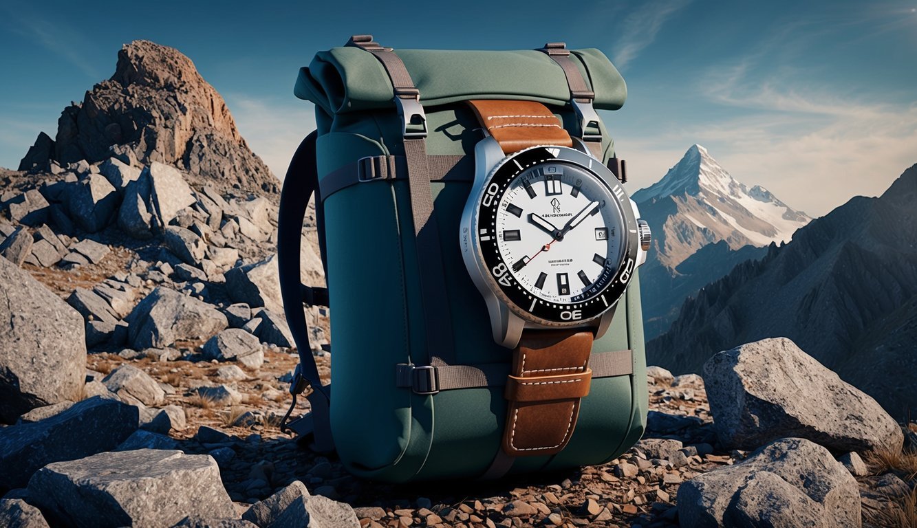 A rugged timepiece strapped to a backpack, surrounded by rocky terrain and a mountain peak in the background