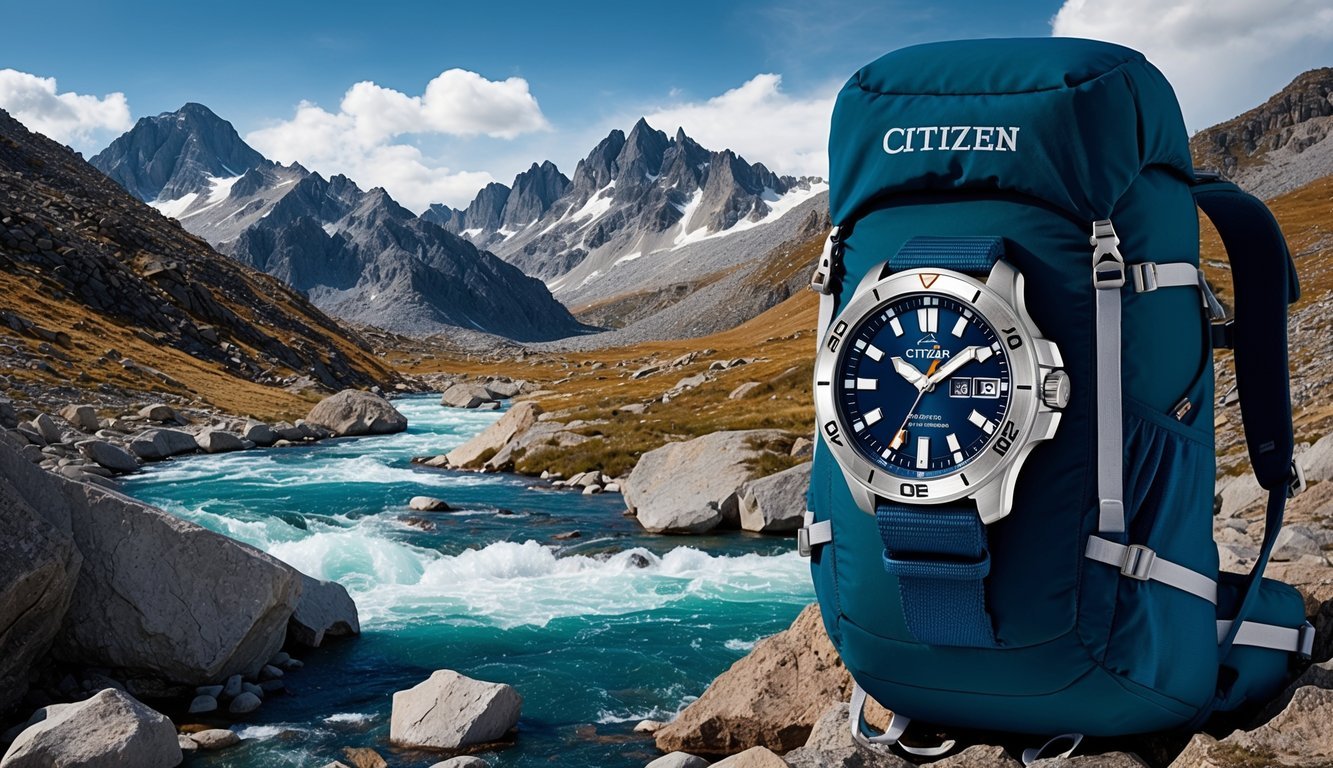 A rugged mountain landscape with a rocky terrain and a rushing river, with a Citizen Promaster Tough timepiece strapped to a backpack