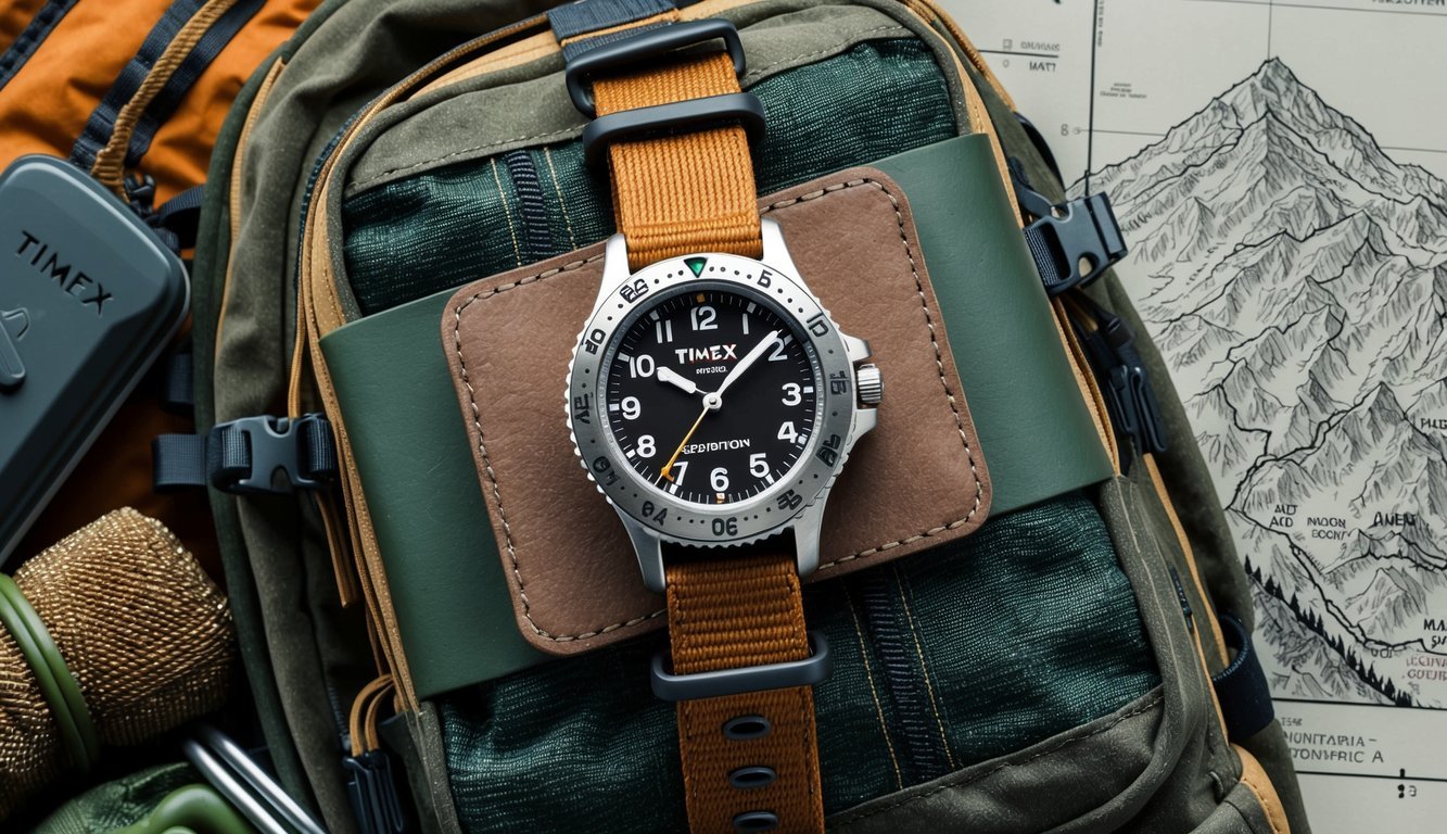 A rugged Timex Expedition Scout watch strapped to a weathered backpack, surrounded by rugged outdoor gear and a map of a mountainous terrain