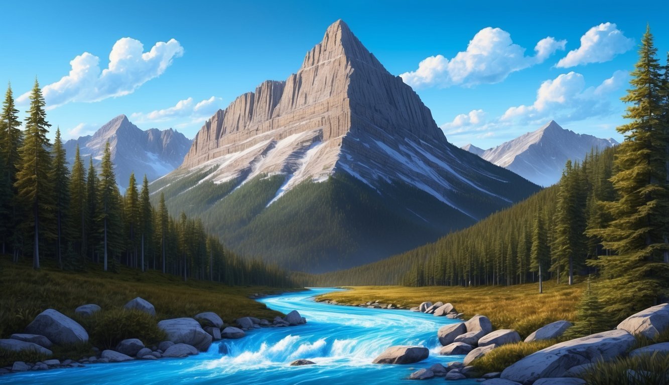 A rugged mountain peak with a clear blue sky, surrounded by dense forest and a rushing river below