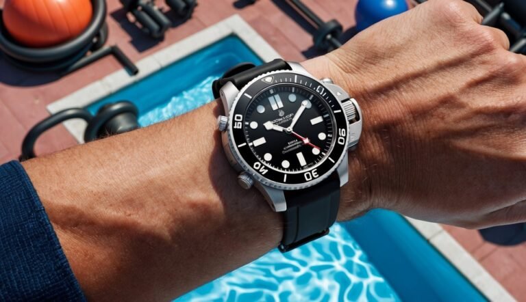Close-up of a man's wrist wearing a black and silver watch
