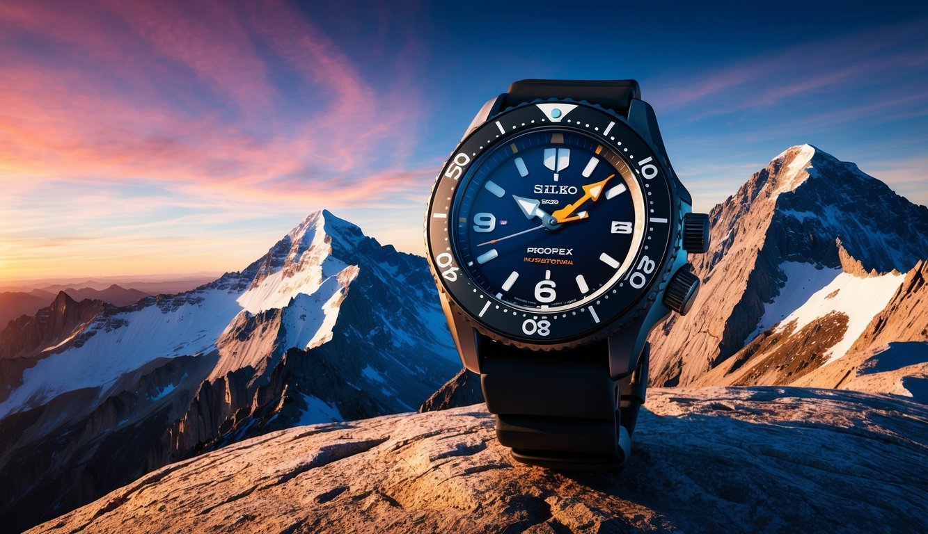 A rugged Seiko Prospex SRPC07 watch on a rocky mountain summit at sunset