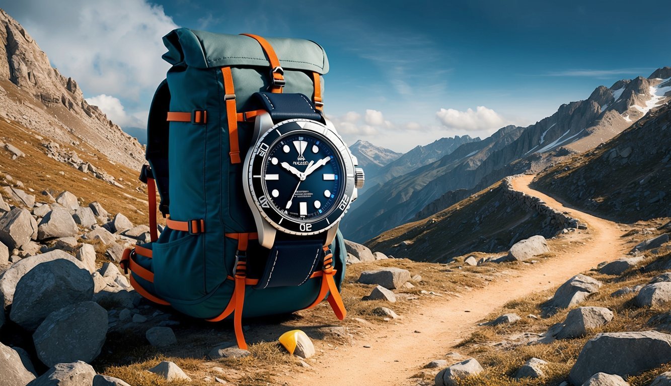 A rugged timepiece strapped to a backpack, surrounded by rocky terrain and a winding trail through a mountainous landscape