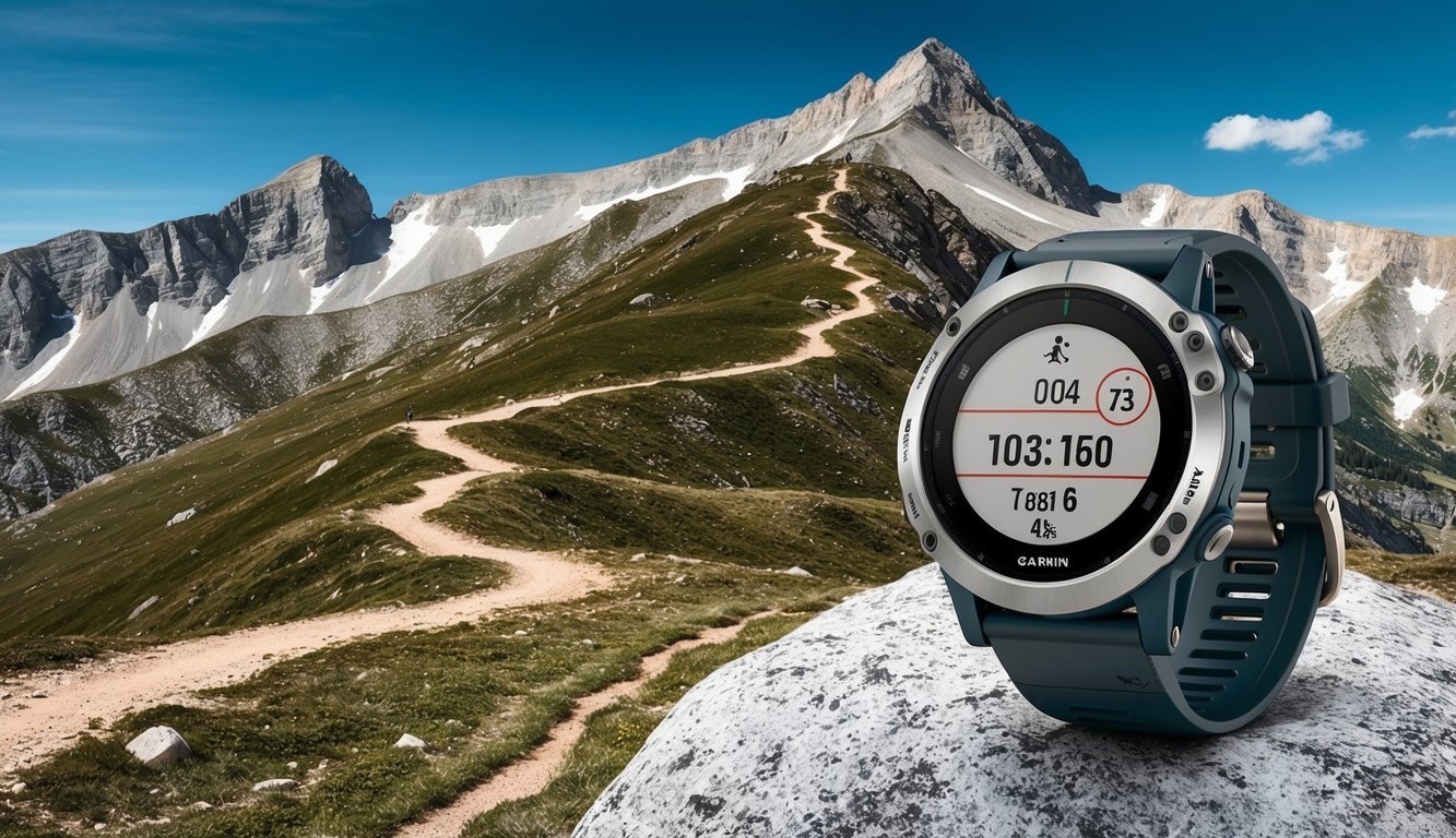 A rugged mountain landscape with a winding trail, and a clear blue sky, with the Garmin Fenix 6X Pro watch prominently displayed on a rock