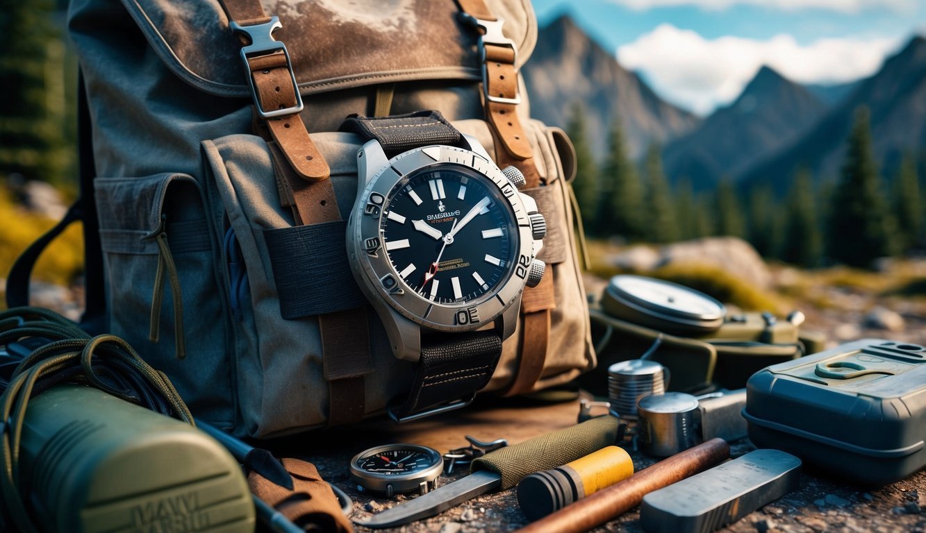 A rugged timepiece strapped to a weathered backpack, surrounded by survival gear and tools in a remote wilderness setting