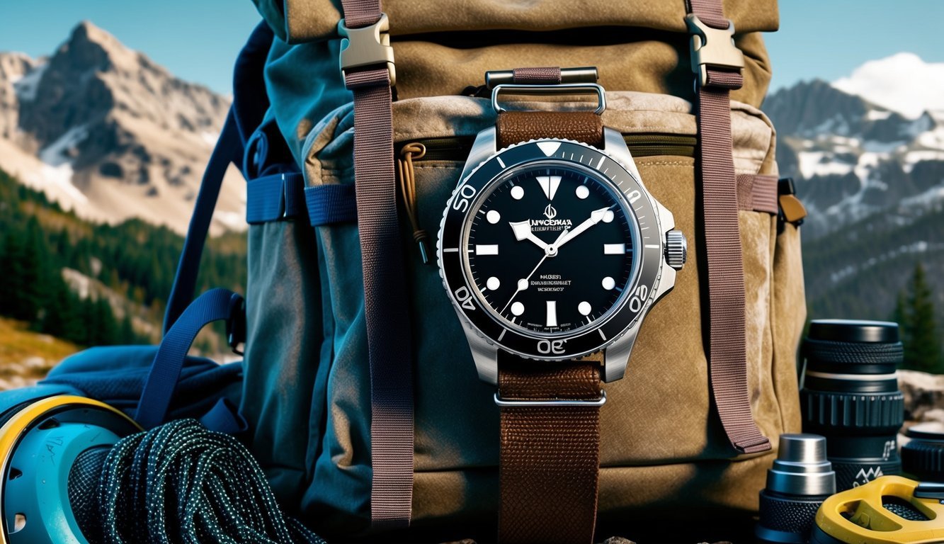 A rugged timepiece strapped to a weathered backpack, surrounded by hiking gear and a mountainous landscape