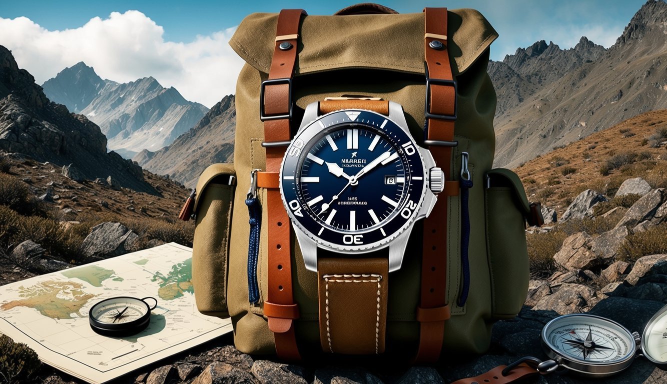 A rugged timepiece strapped to a backpack, surrounded by rugged terrain and wilderness, with a map and compass nearby