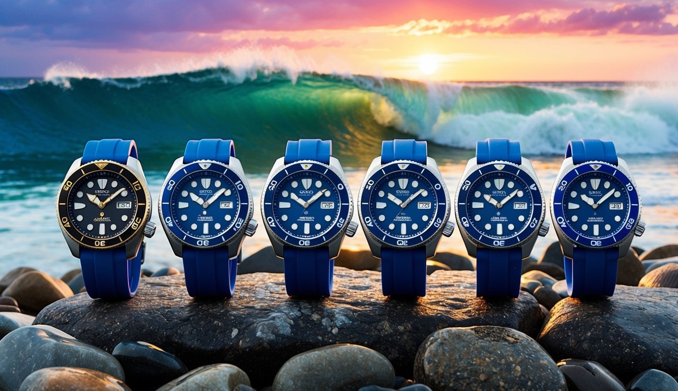 A group of Seiko Prospex PADI Solar Diver watches arranged on a rocky beach, with crashing waves and a vibrant sunset in the background