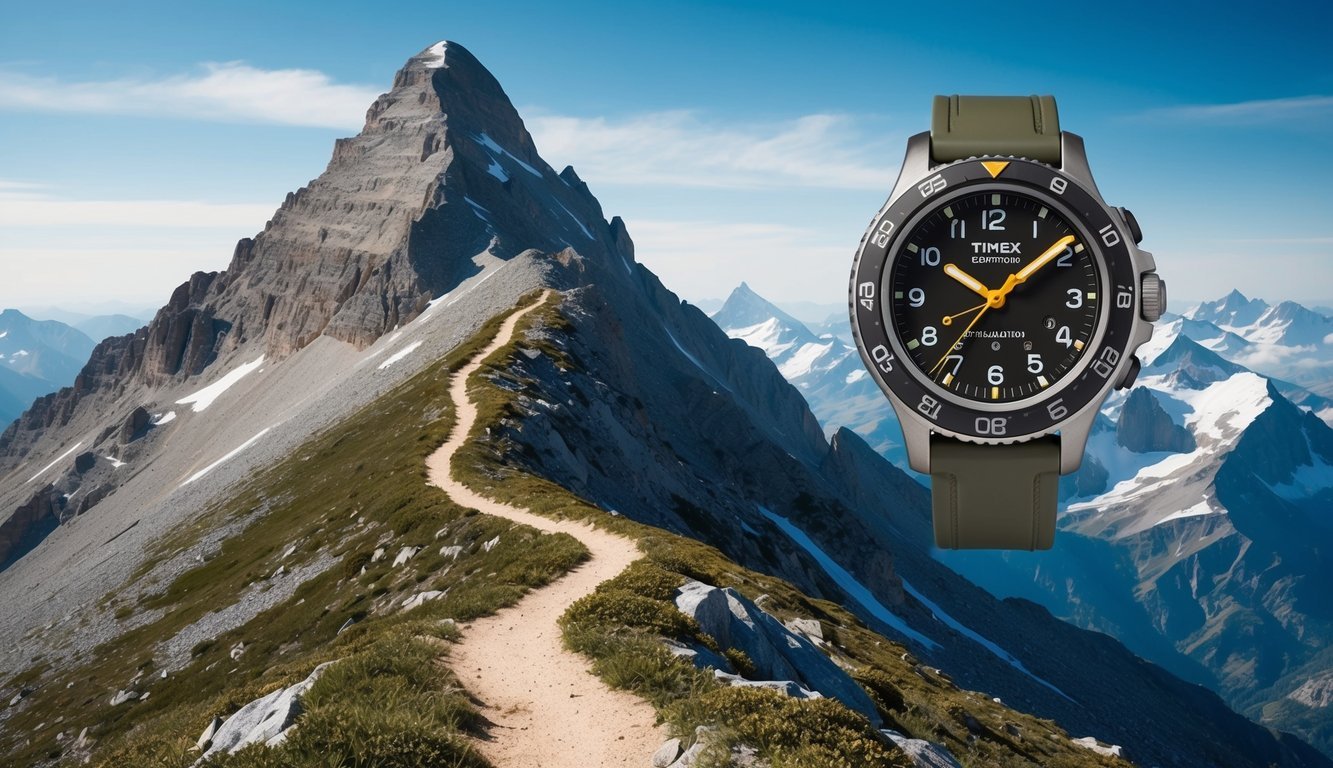 A rugged mountain peak with a clear blue sky and a winding trail, with a Timex Expedition Scout 10 watch prominently displayed