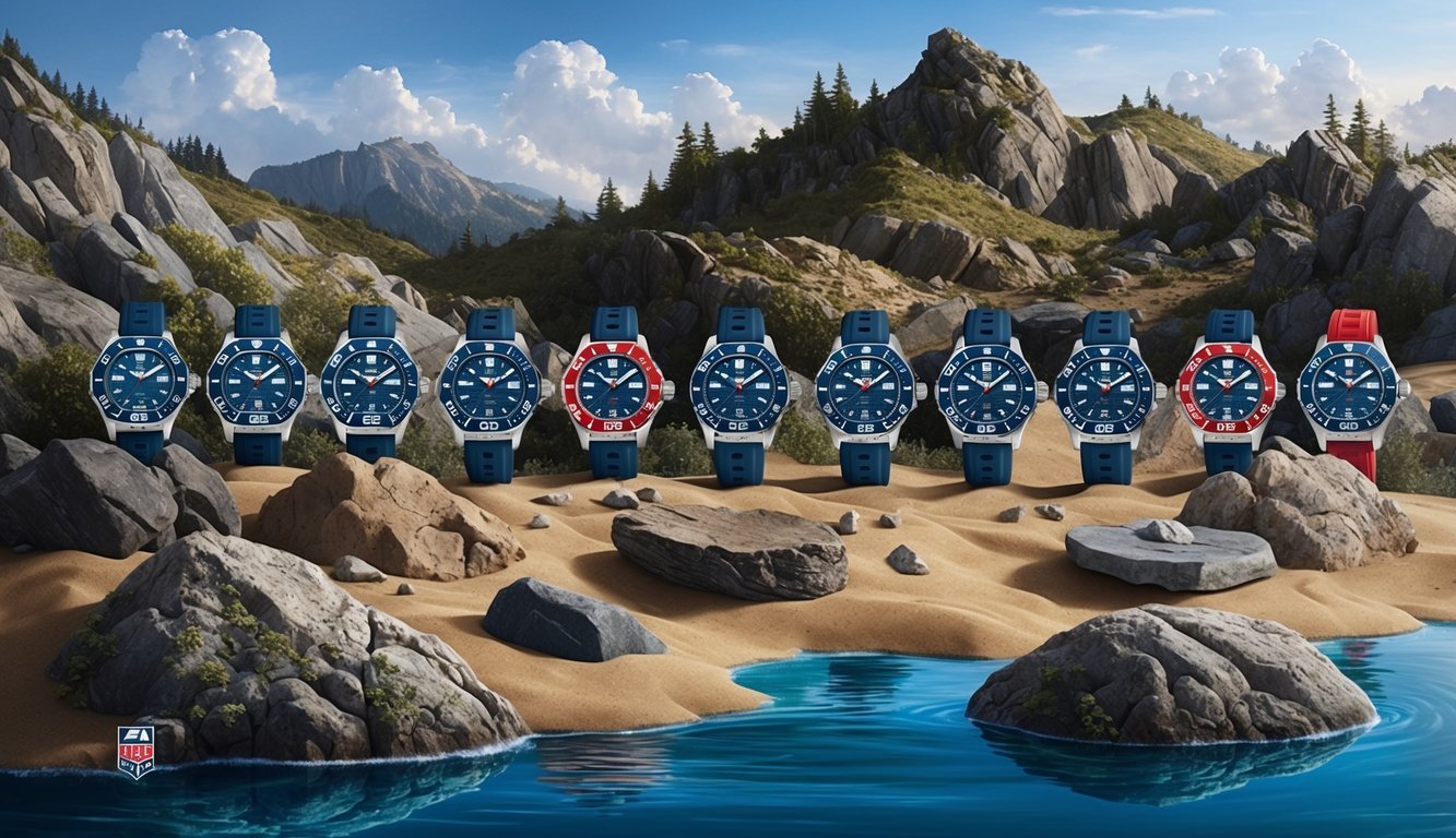 A rugged landscape with 10 Tag Heuer Aquaracer watches placed on various natural elements like rocks, sand, and water