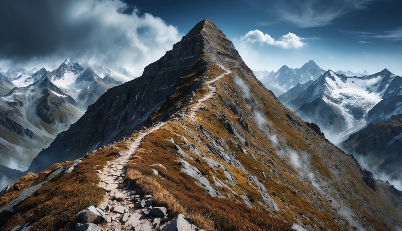 A rugged mountain peak with a treacherous trail, surrounded by wild nature and extreme weather conditions