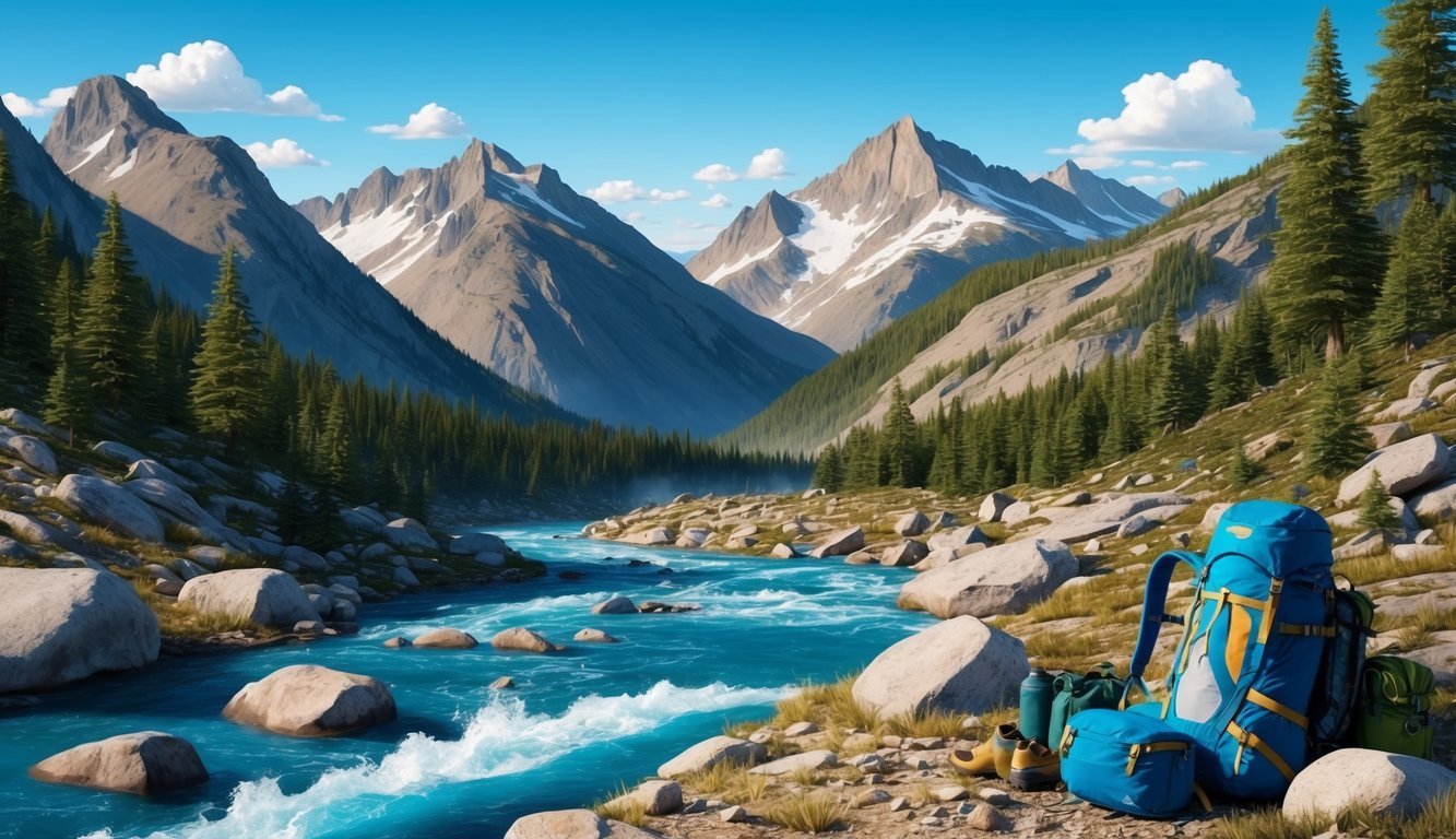 A rugged landscape with mountains and forests, a rushing river, and a clear blue sky.</p><p>A backpack and hiking gear are scattered on the ground