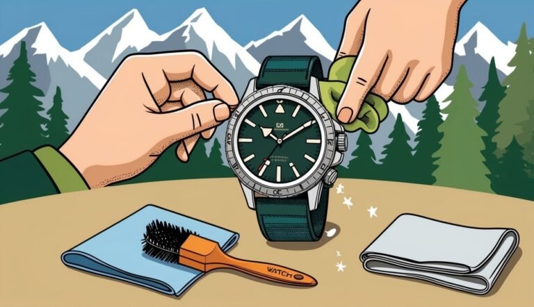 Hands cleaning a large green watch with mountains and trees in background