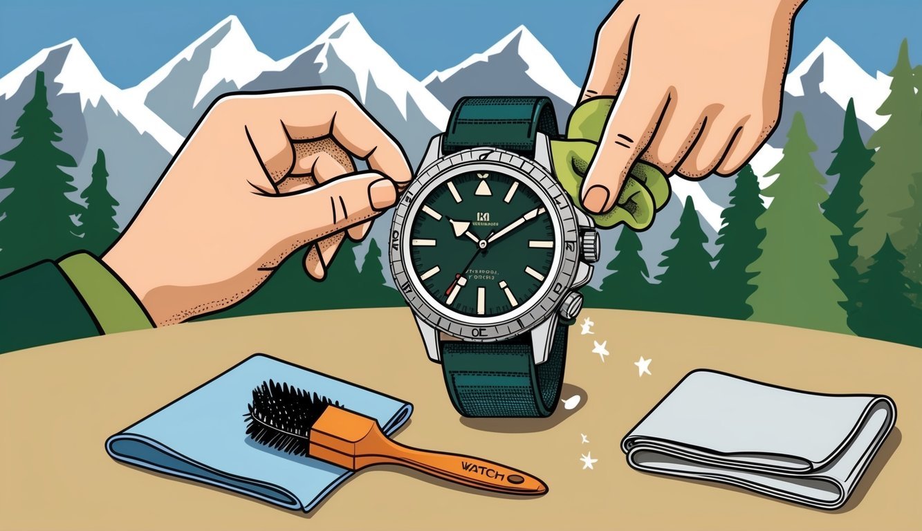 A watch being cleaned and dried after a hike, with a small brush and cloth nearby, set against a backdrop of mountains and trees