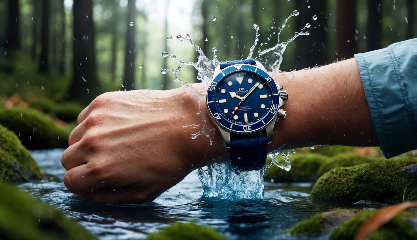 A watch being splashed with water while hiking through a forest