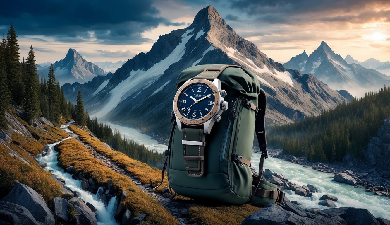 Watch on backpack in a mountain landscape with river