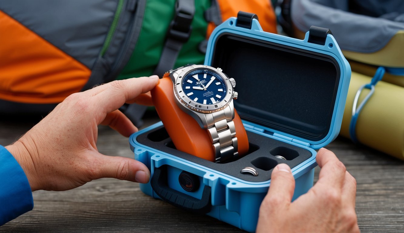 A watch being placed into a durable, weather-resistant case with outdoor gear in the background