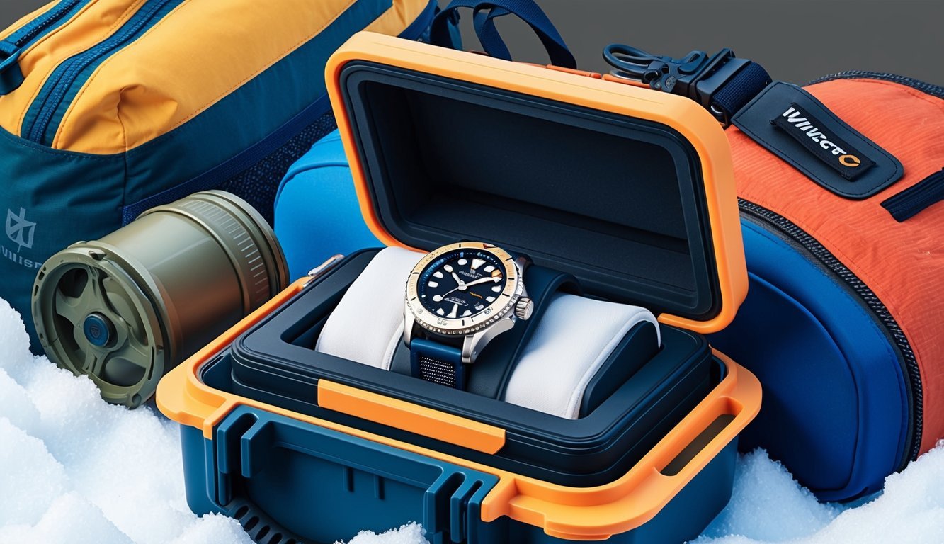 A watch being stored in a protective case, shielded from the sun and snow while surrounded by hiking gear and outdoor equipment