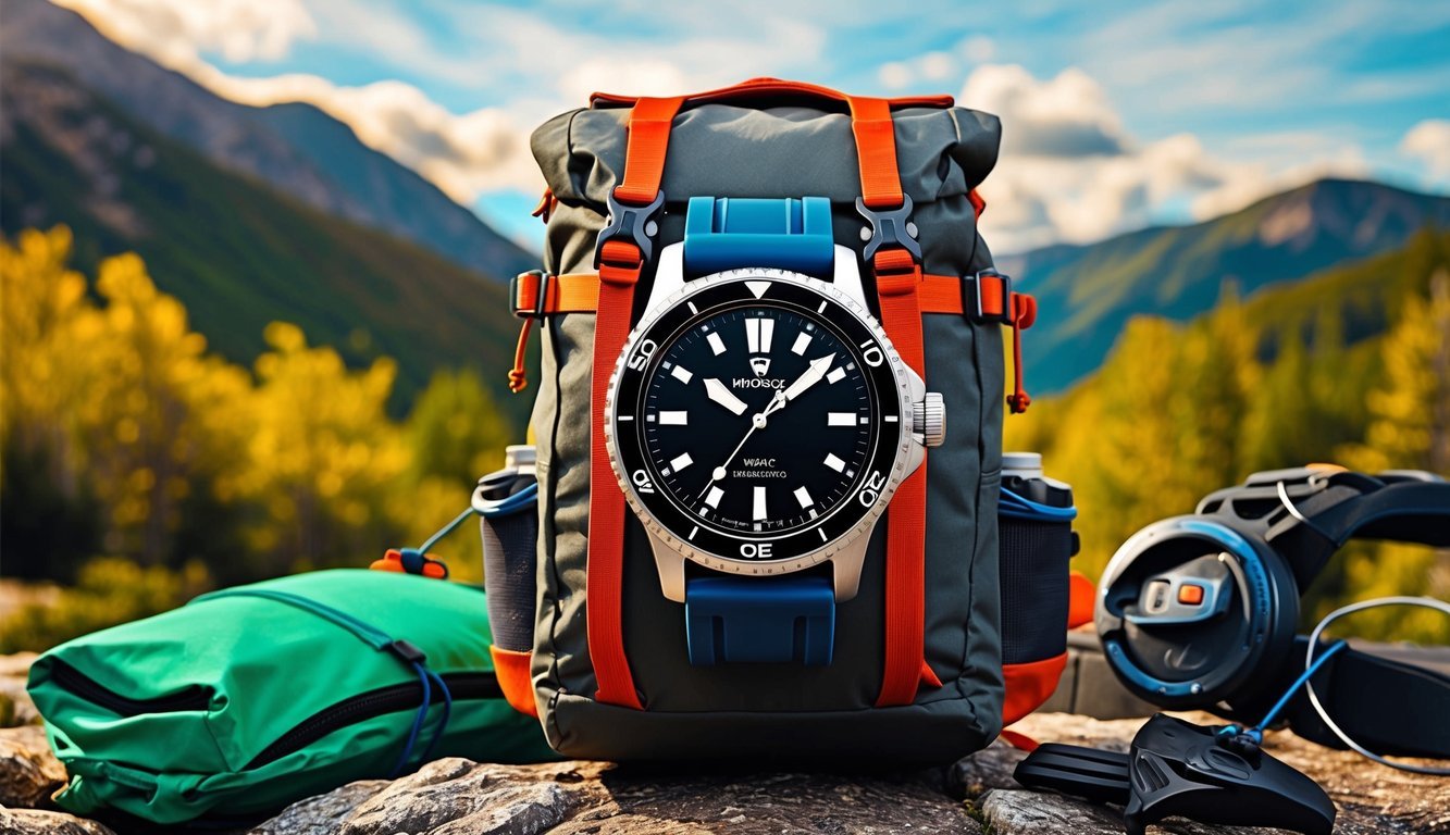 A rugged watch strapped to a backpack, surrounded by hiking gear and a scenic outdoor backdrop