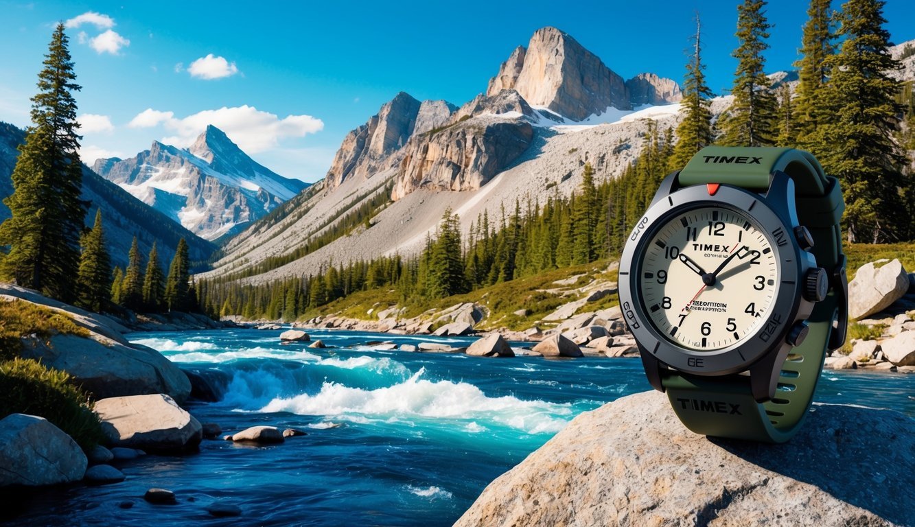 A rugged mountain landscape with a rushing river, towering trees, and a clear blue sky, with a Timex Expedition Shock watch prominently displayed on a rock