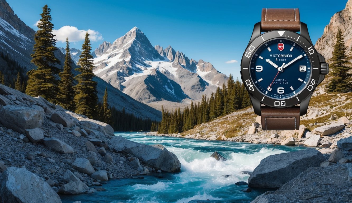A rugged mountain landscape with a rushing river, towering trees, and a clear blue sky, showcasing the Victorinox I.N.O.X. watch in action