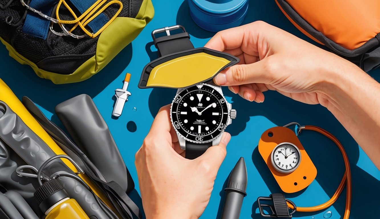 A watch being carefully shielded from direct sunlight and chemical exposure while surrounded by outdoor adventure gear