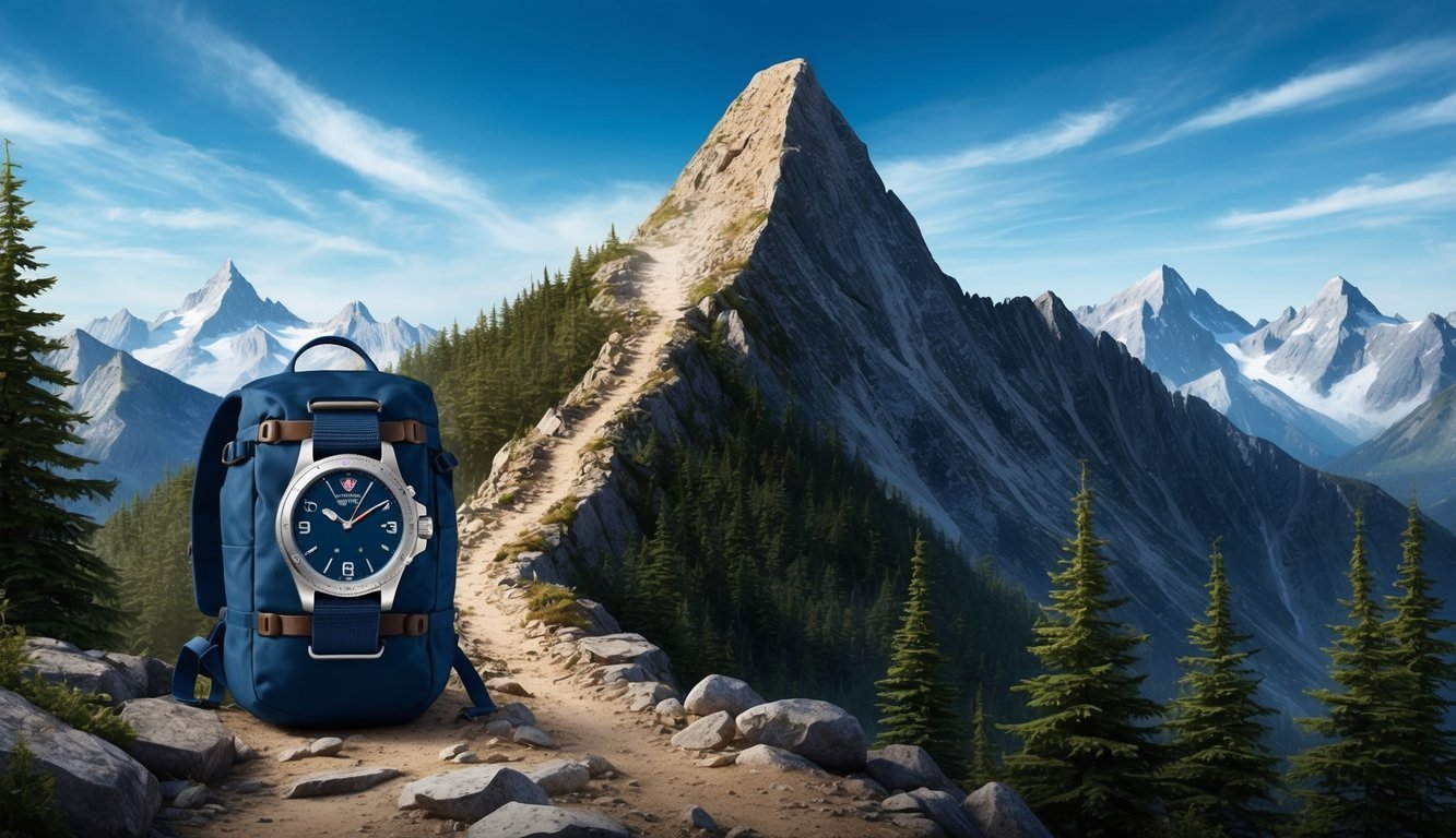 A rugged mountain peak with a treacherous trail, surrounded by dense forest and a clear blue sky, with a Luminox Navy SEAL watch strapped to a backpack