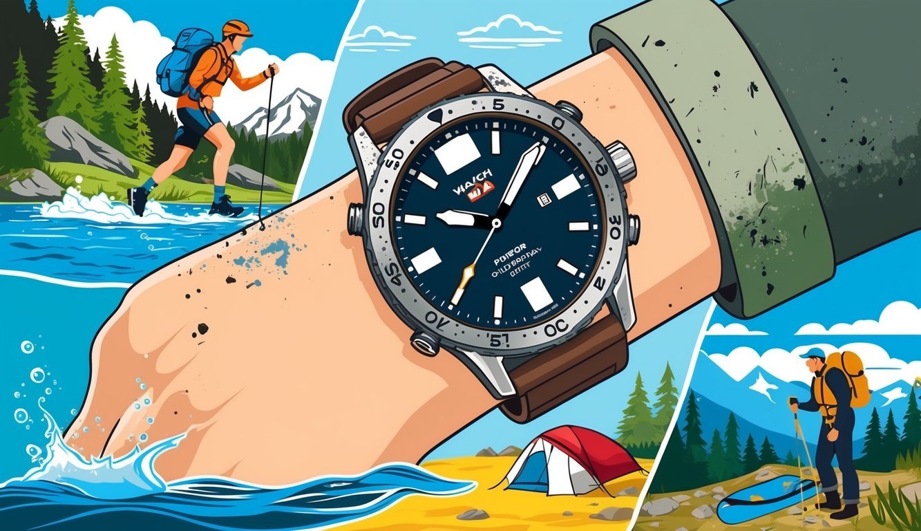 A watch with outdoor features being worn during various outdoor activities such as hiking, camping, and swimming, showing signs of wear and tear