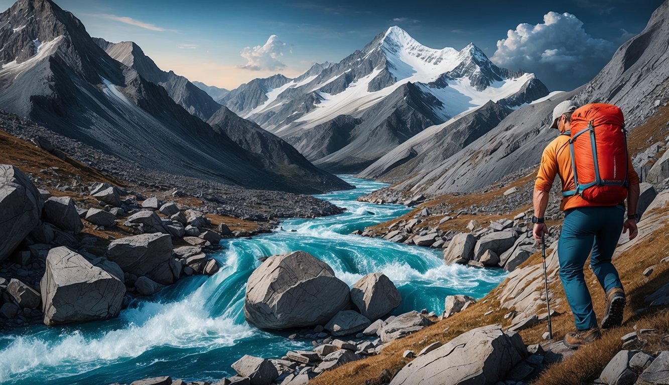 A rugged mountain landscape with a rushing river and rocky terrain.</p><p>A hiker navigating the challenging environment with a Citizen Promaster Tough watch on their wrist