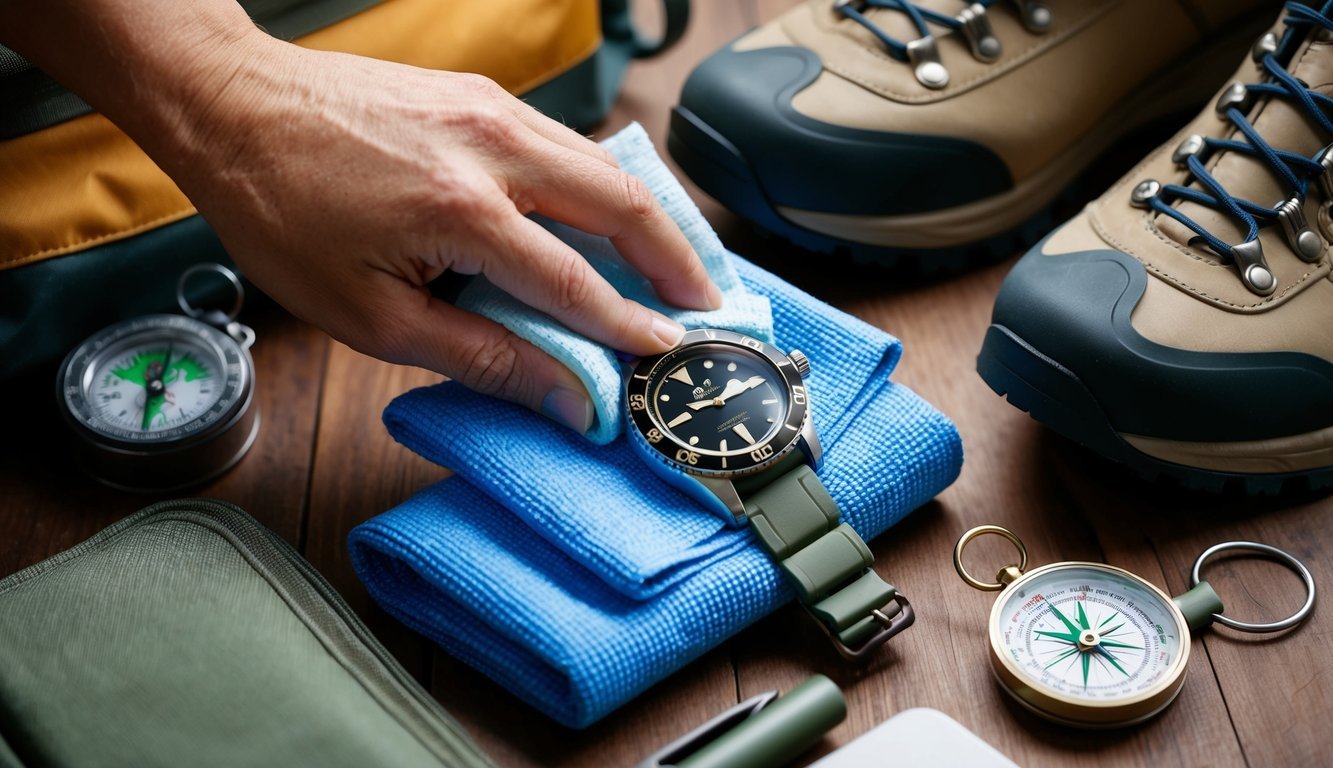 A watch being gently wiped clean with a soft cloth, surrounded by outdoor adventure gear such as a backpack, hiking boots, and a compass