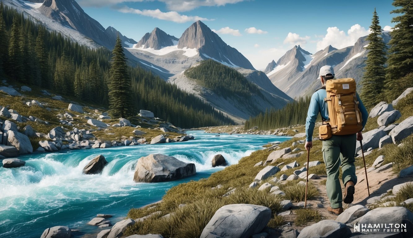 A rugged mountain landscape with a rushing river, dense forest, and rocky terrain.</p><p>A hiker wearing a Hamilton Khaki Field watch navigates the challenging environment