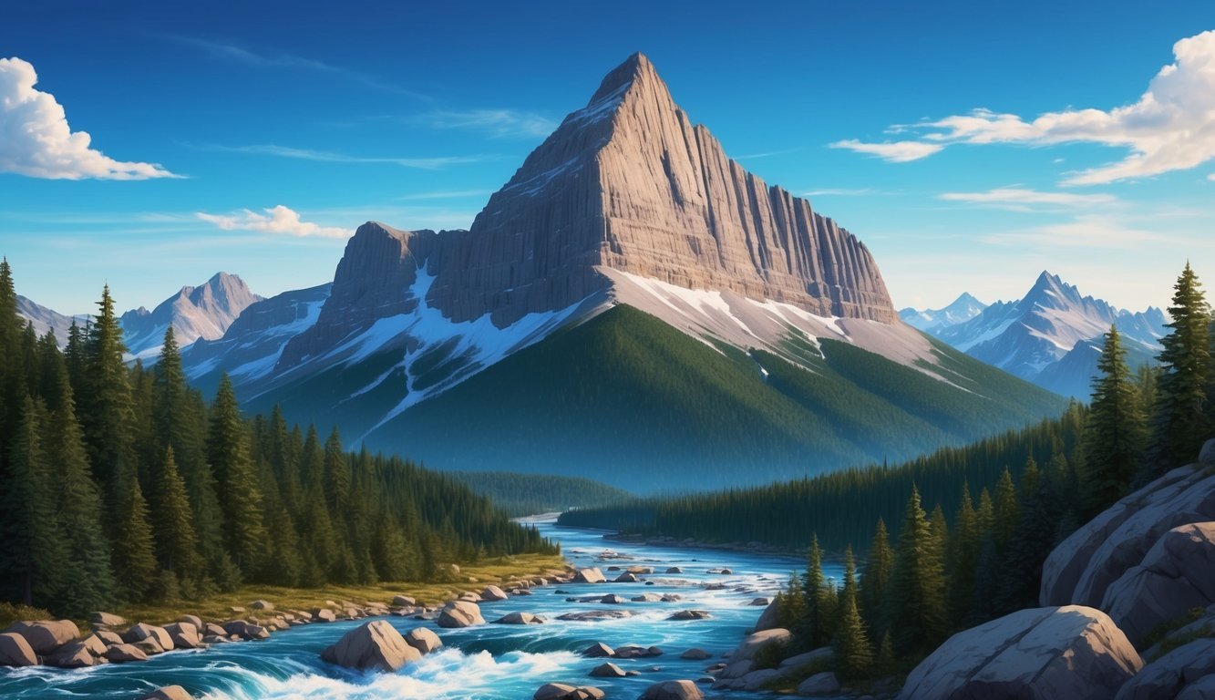 A rugged mountain peak with a clear blue sky, surrounded by dense forest and a rushing river below