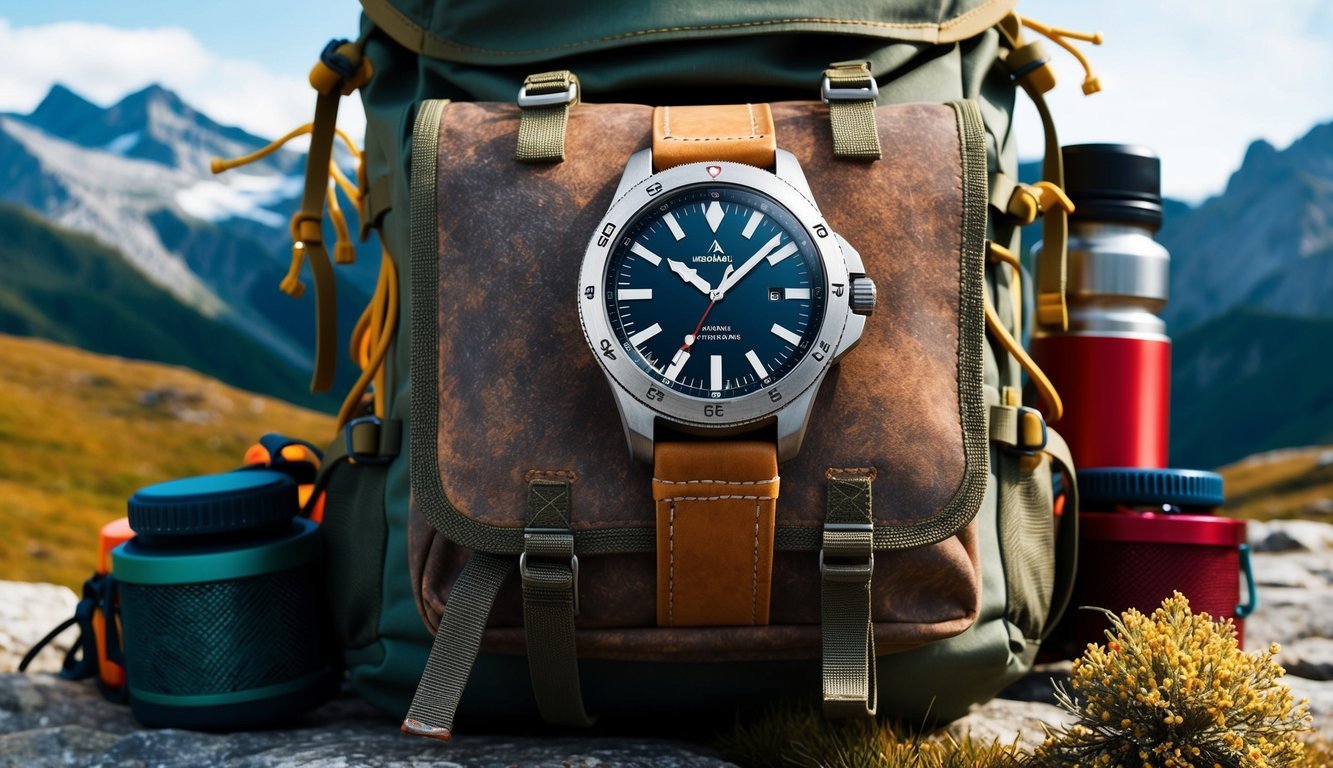 A rugged outdoor watch strapped to a weathered backpack, surrounded by hiking gear and a mountainous landscape