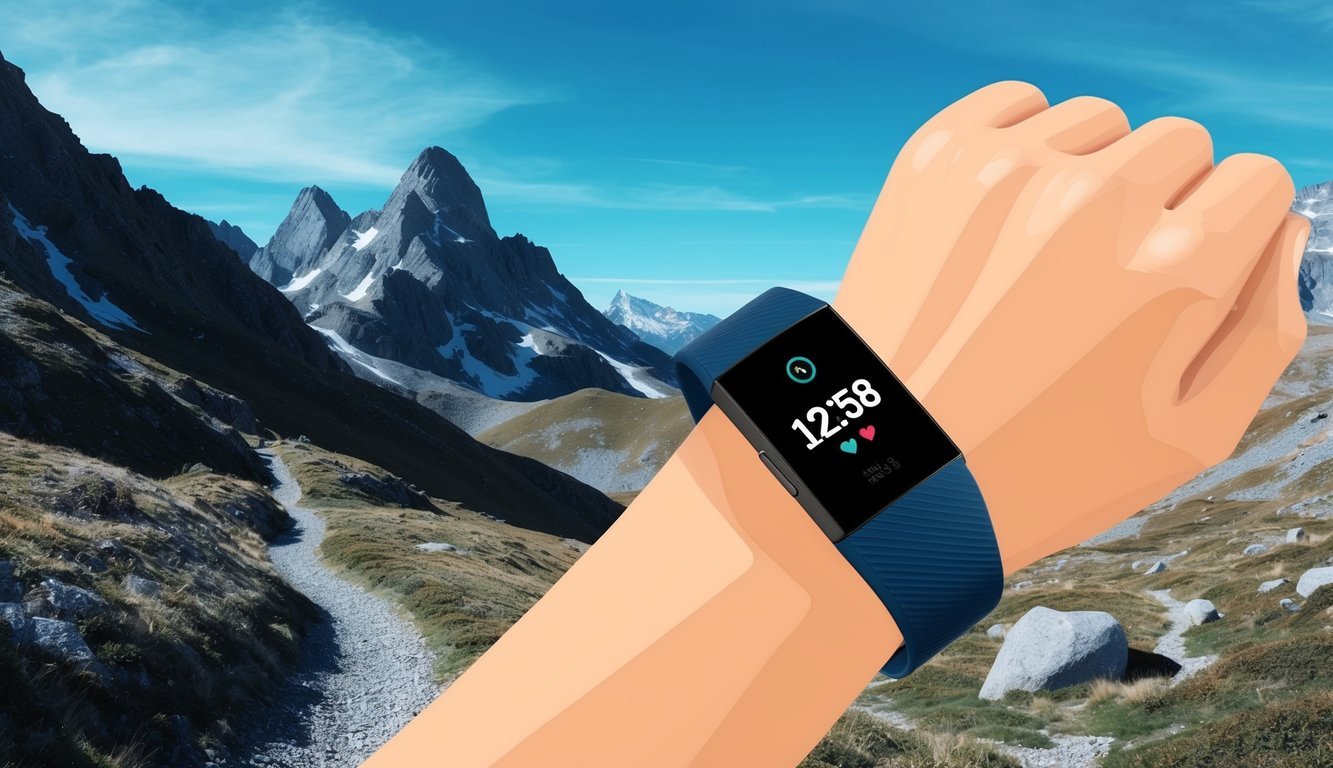 A rugged landscape with mountains and trails, a clear blue sky, and a Fitbit Charge 5 8 watch prominently displayed on a wrist