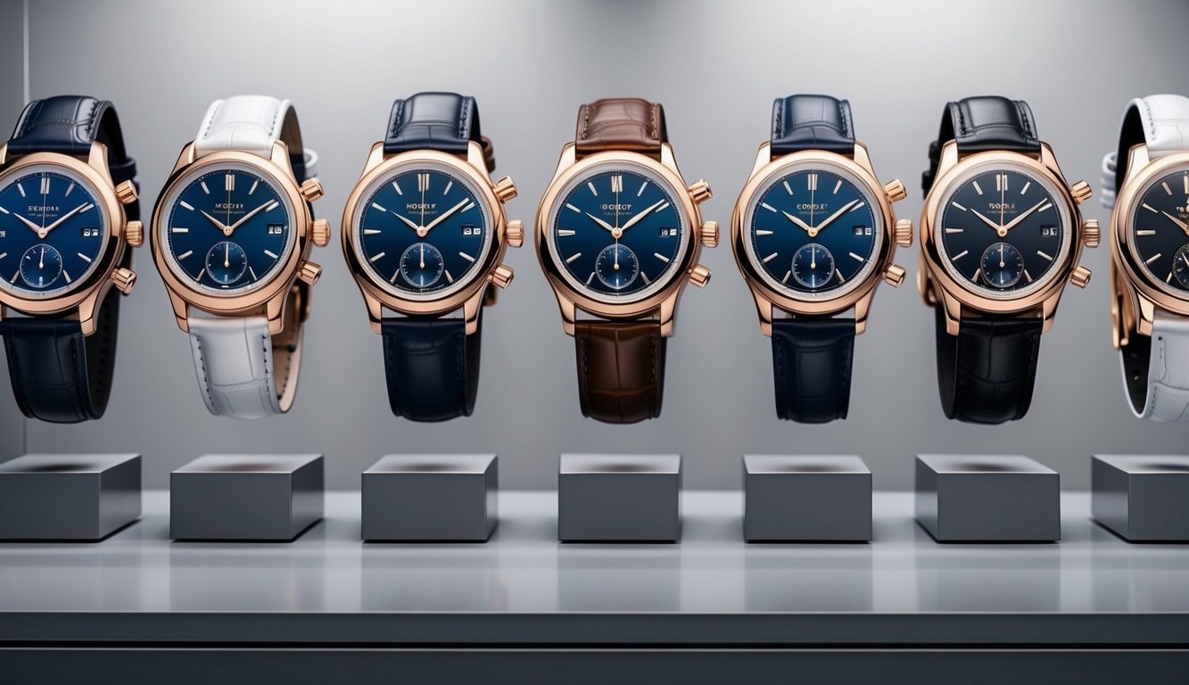 A display of 10 elegant luxury watches arranged on a sleek, minimalist backdrop, each watch reflecting sophistication and style