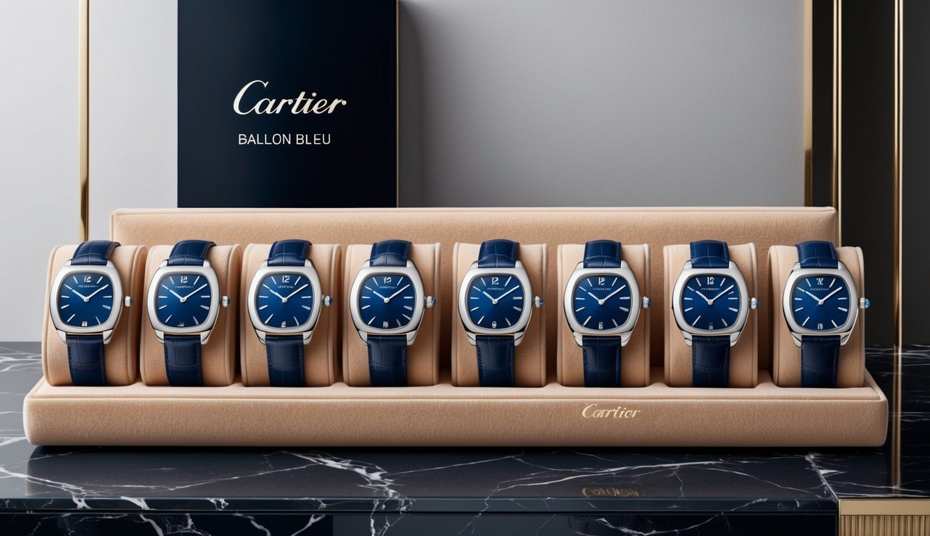 A sleek, modern display of ten Cartier Ballon Bleu luxury watches arranged on a velvet cushion in a chic, minimalist setting