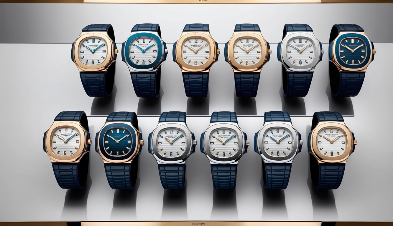 A luxurious display of ten Patek Philippe Aquanaut watches arranged in an elegant fashion, showcasing their exquisite design and craftsmanship