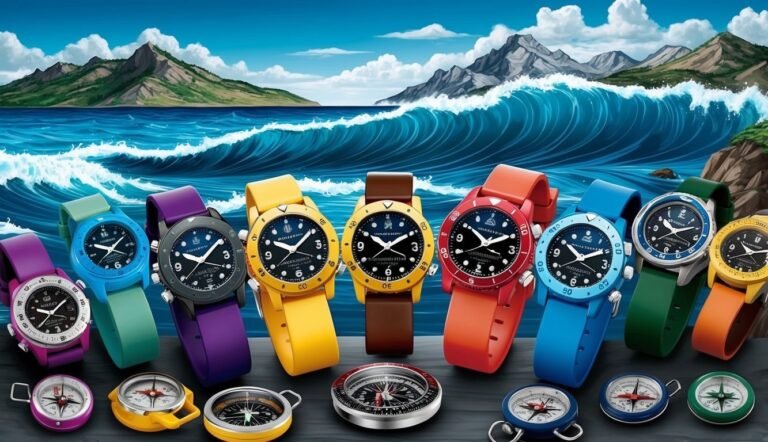 Colorful watches and compasses on a rocky ledge with ocean and mountains