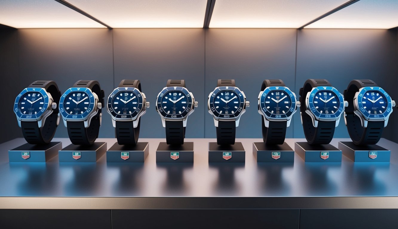 A stylish display of 10 Tag Heuer Aquaracer luxury watches arranged on a sleek, modern surface with soft, indirect lighting