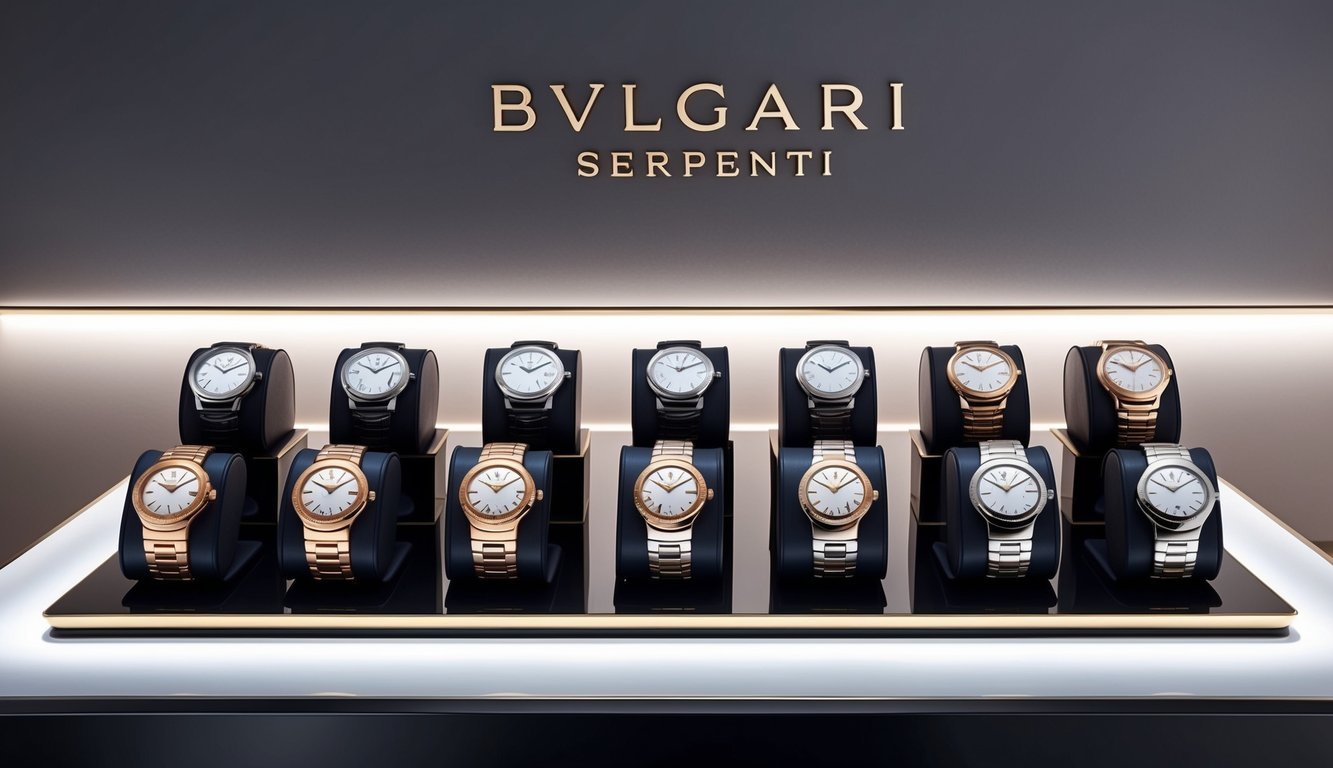 A display of 10 Bvlgari Serpenti luxury watches arranged on a sleek, modern surface, with soft lighting highlighting their elegant design